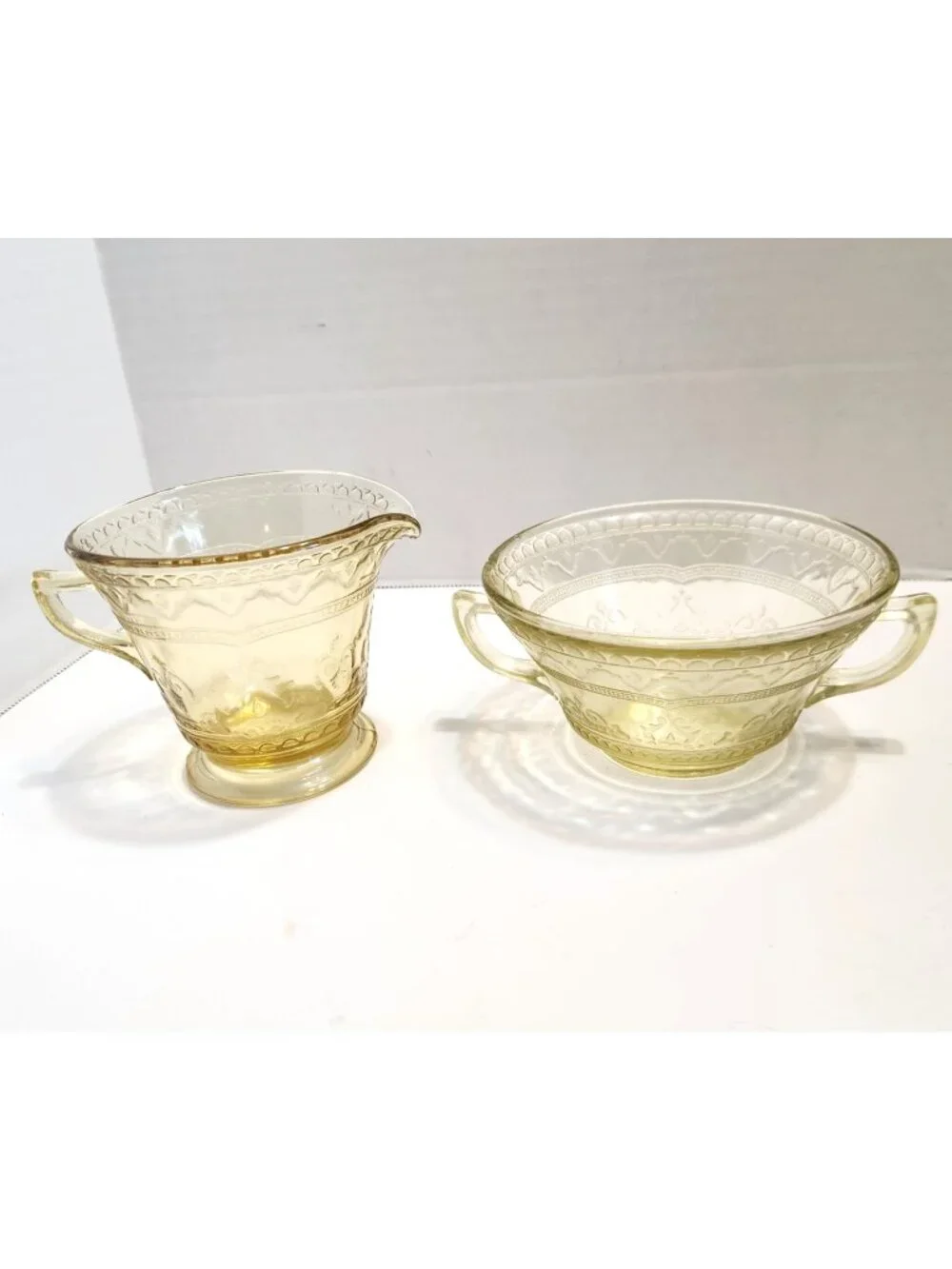 Federal Yellow/Amber Depression Glass Creamer & Open Sugar Set - Patrician  READ